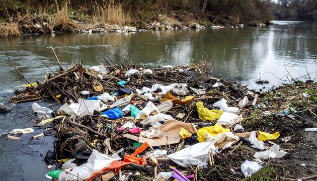 Riverbank littered with plastic waste