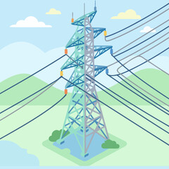 A tall metal electricity pylon stands in a green landscape © Yoga