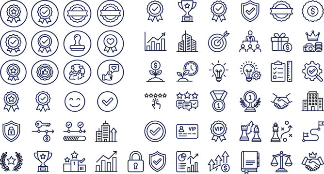 Business Success and Quality Certification Ribbon Badge Icon Set with Trophy Achievement Strategy Corporate Growth and Premium VIP Service Line Vectors