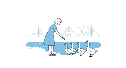 Woman feeding geese by pond near barn, rural farm scene, simple line art illustration © rokok