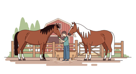 Boy feeding two horses on a farm with a barn in the background, vector illustration © rokok