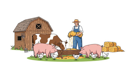 Naklejka premium Farmer feeding animals on a farm with barn and hay bales