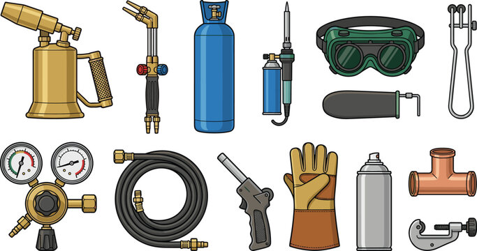 Industrial Gas Welding and Brazing Equipment Vector Icon Set with Oxy-Acetylene Torch Cylinder Regulator Goggles Spark Lighter and Plumbing Pipe Cutter Tools