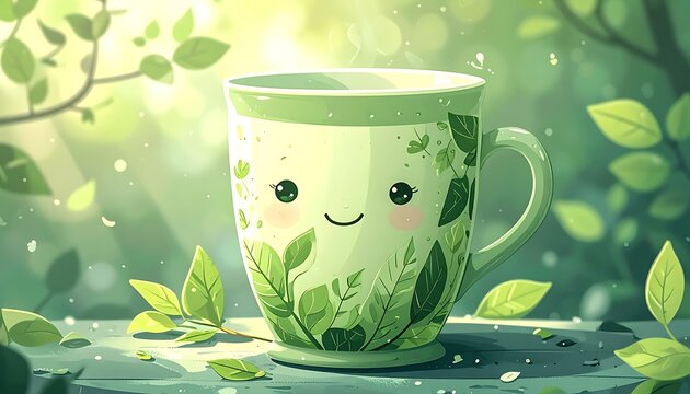 Cute mug with leafy pattern, smiling, in a bright, sunlit green nature setting, peaceful, serene, and inviting