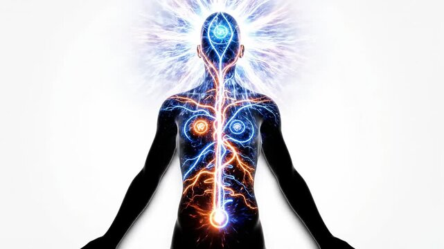 A human figure with a glowing nervous system and vibrant energy pathways across torso