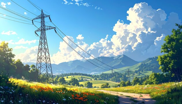 Electric power transmission tower landscape scene.