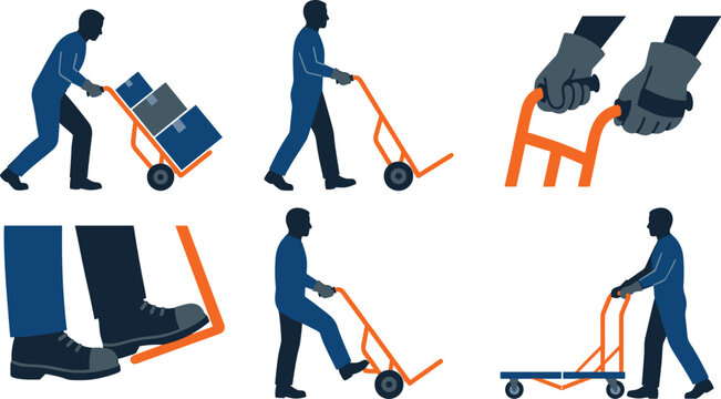 Industrial Warehouse Worker Silhouette Using Hand Truck and Platform Trolley Vector Set with Safety Shoes Gloves and Cargo Boxes for Logistic Manuals