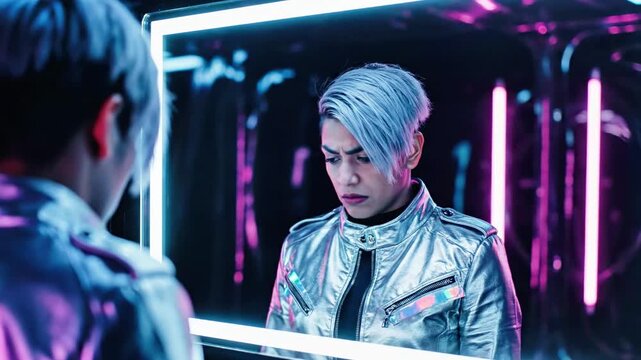 A woman with short hair in a metallic jacket looks at her reflection