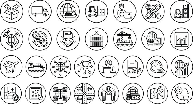 Global Logistics and Supply Chain Management Circle Line Icon Set with Freight Transportation Cargo Shipping International Trade Customs and Business Delivery Symbols Vector
