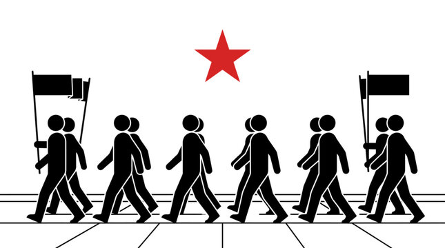 Marching stick figures with flags and red star on white background