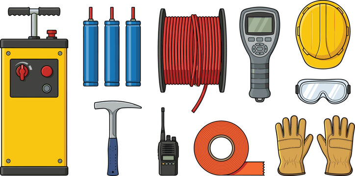 Mining Blasting and Demolition Equipment Vector Icon Set with Detonator Plunger Explosive Sticks Wire Reel Safety Helmet Gloves and Walkie Talkie