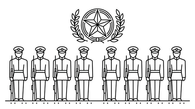 Military formation, soldiers standing at attention with rifles, emblem above