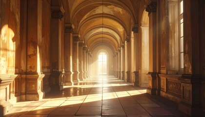 Obraz premium Grand Hallway Architecture, Sunlight Rays, Ornate Pillars, Historic Building Interior