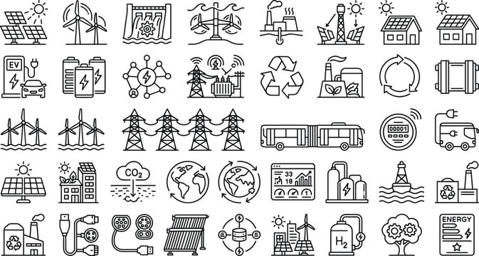 Renewable Energy and Green Technology Line Icon Set with Solar Panels Wind Turbines Eco Infrastructure Electric Vehicles Sustainability and Clean Power Symbols