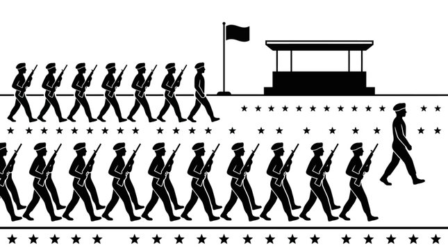 Military Parade Formation Marching Soldiers Uniforms Flags Stage Black and White Vector