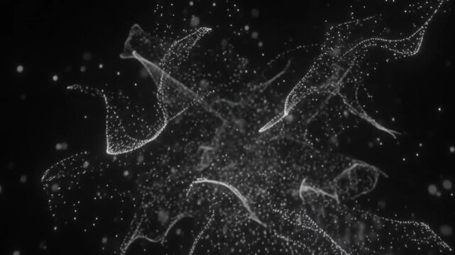 Abstract signal drift visualization, collapsing particle-density forms dissolving into darkness
