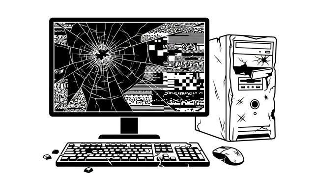 Damaged computer with broken screen monitor.