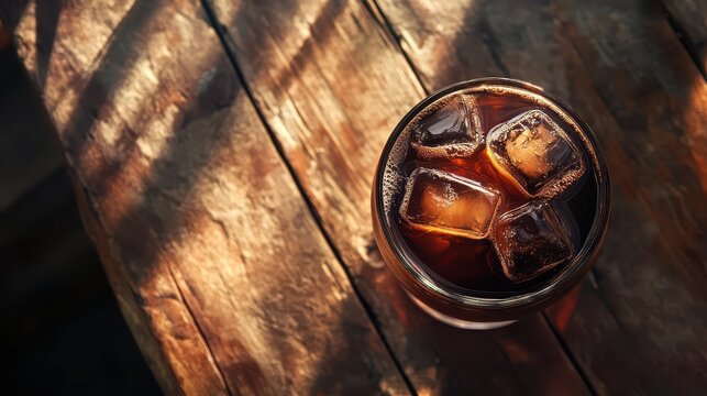 Cold dark soda in glass with ice cubes on rustic wooden surface in a close-up top view