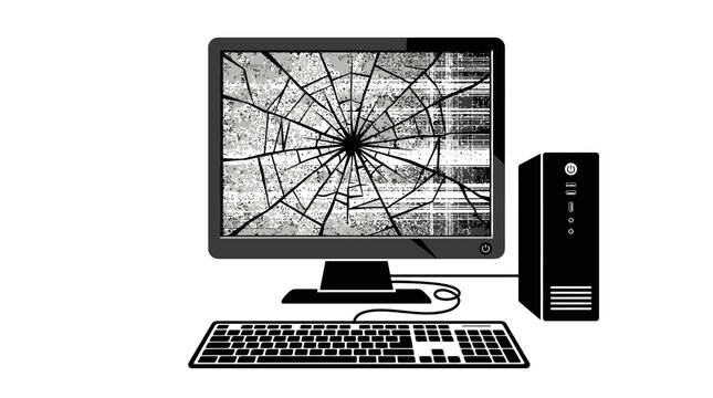 Damaged Computer Screen and Desktop Setup.
