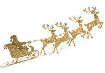 Fototapeta premium Golden santa claus sleigh with flying reindeer