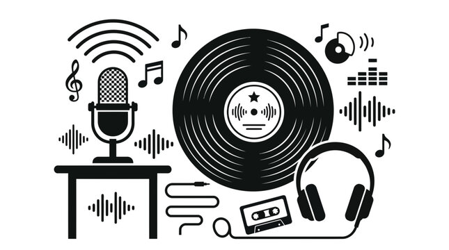 Retro Music and Radio Icons: Vinyl, Mic, Cassette, Headphones