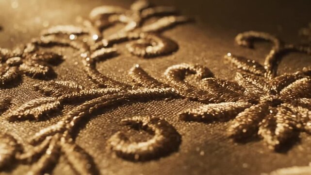 Ornate gold thread embroidery on luxurious brown fabric.
