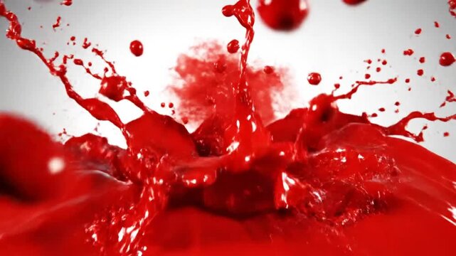 Red paint exploding in slow motion against a white background creating a colorful splash