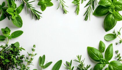 Obraz premium A variety of green herbs arranged in a border on a white surface.