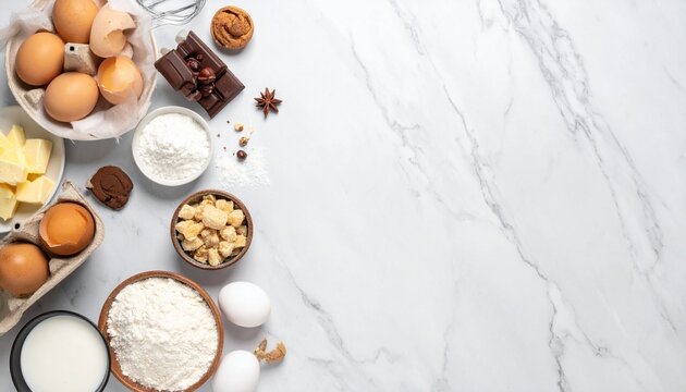 Baking ingredients arranged on marble countertop for making dessert