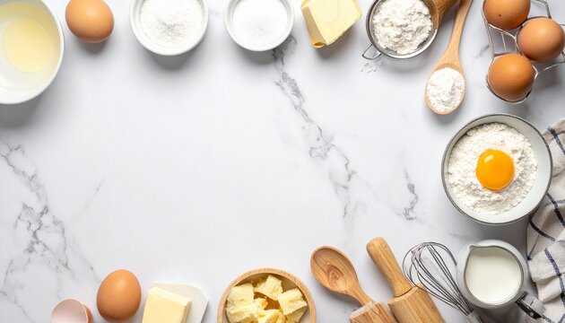 Baking ingredients arranged on marble for cooking a dessert dish