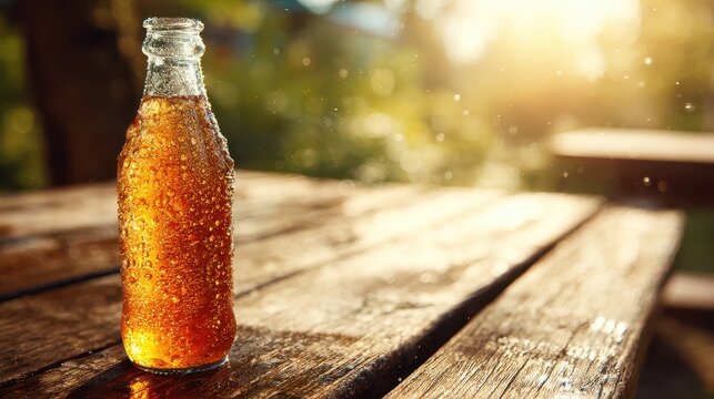 Refreshing cold beverage in a glass bottle on rustic wooden table outdoors du sunny weather