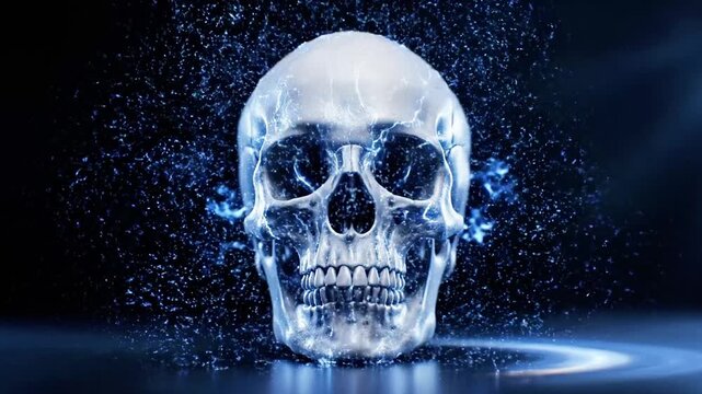 A glowing blue skull with smoke-like tendrils on a dark background