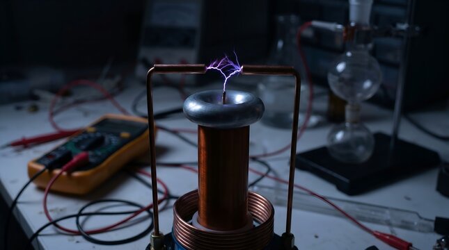 Electric plasma discharge from a copper coil device on an engineering workbench for physics tests