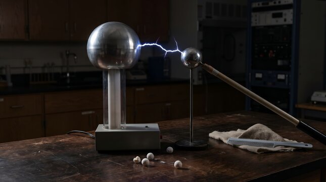 High voltage electrostatic generator producing electric spark discharge in physics laboratory