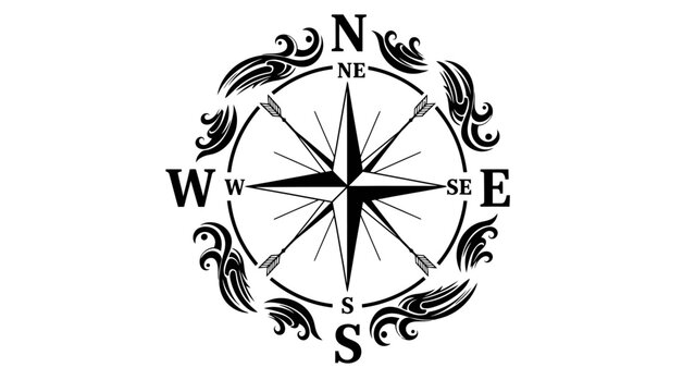 Vintage Nautical Compass Rose with Ornamental Swirls
