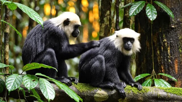 Two beautiful white-headed langurs grooming each other on a mossy tree branch in the jungle