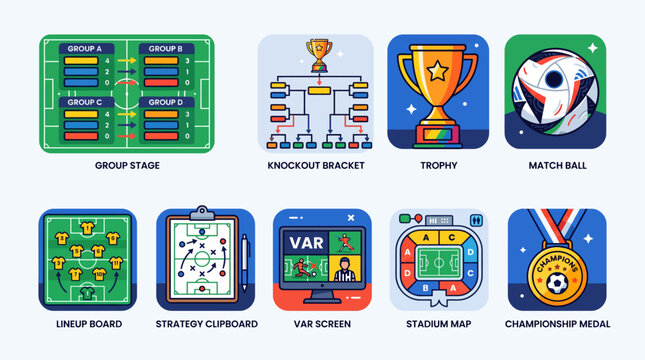 Football Tournament Essentials Flat Vector Icon Collection