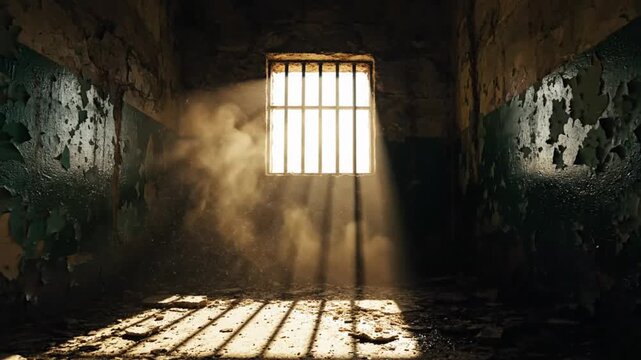 Sunlight streaming through barred window in an abandoned, decaying prison cell with peeling paint and dust