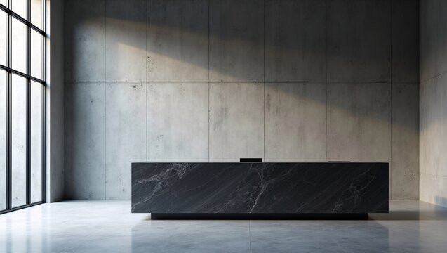 A minimalist modern lobby features a sleek black marble reception desk with subtle white veining, centered against a textured concrete wall.