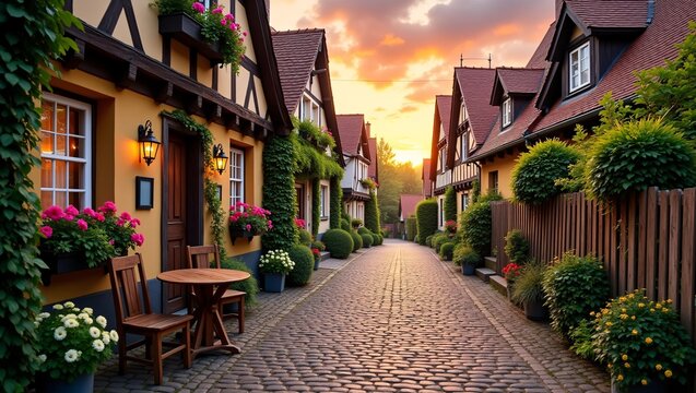 A charming cobblestone street lined with traditional half-timbered houses, draped in green ivy and blooming flower boxes. 