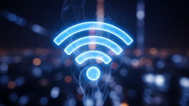 Glowing Blue Wi-Fi Symbol Over Blurred City Lights at Night.