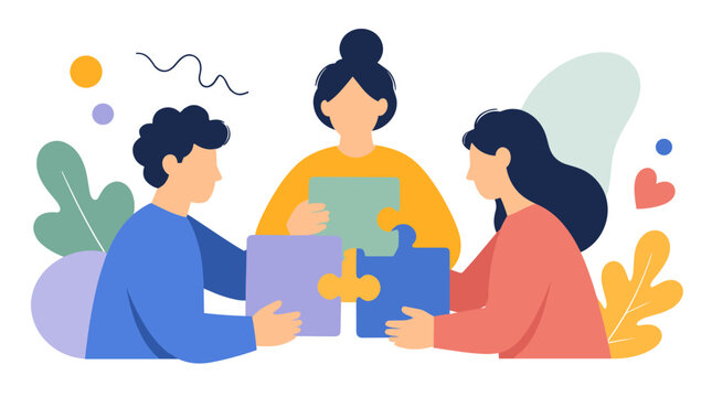 Teamwork and collaboration as three people assemble puzzle pieces.