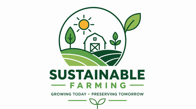Sustainable farming logo with green hills sun and leaves.