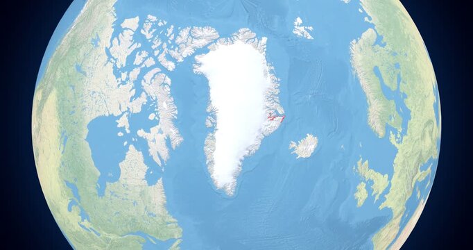 Greenland on Globe. Zoom into the country with Earth spinning on dark background. Physical world map with Greenland and label on it. Country view animation.