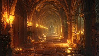 Obraz premium Mysterious Gothic Hallway Illuminated by Flickering Candles