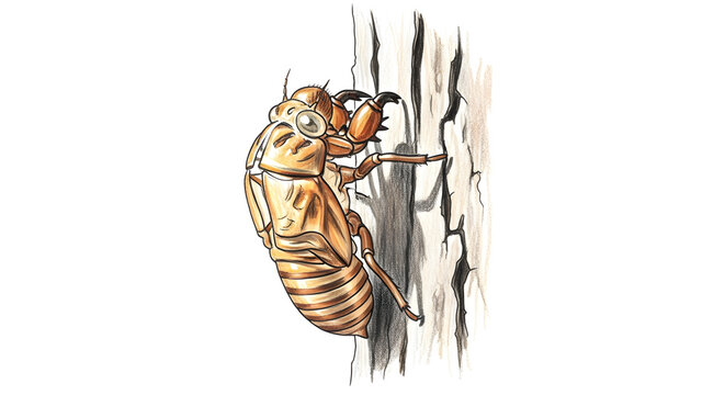 Cicada exoskeleton clinging to tree bark on white background