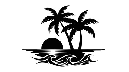 Fototapeta premium Tropical Palm Tree Sunset Illustration with Ocean Waves