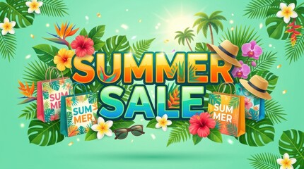 Fototapeta premium Summer Sale promotional banner, tropical seasonal discount background with shopping bags, exotic flowers and palm leaves on mint green