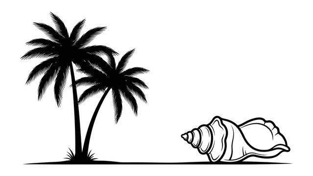 Palm trees and seashell silhouette on white background