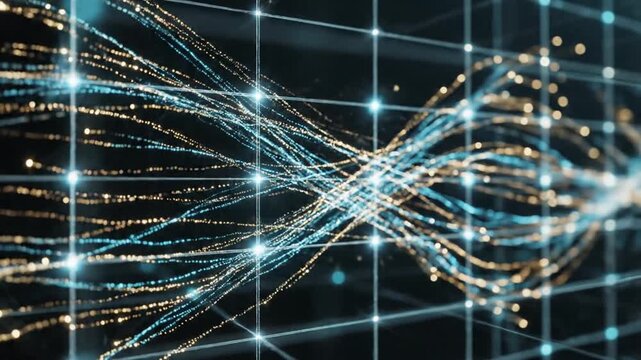 Data fibers transmit digital information across a complex glowing network grid in a virtual cyberspace environment.